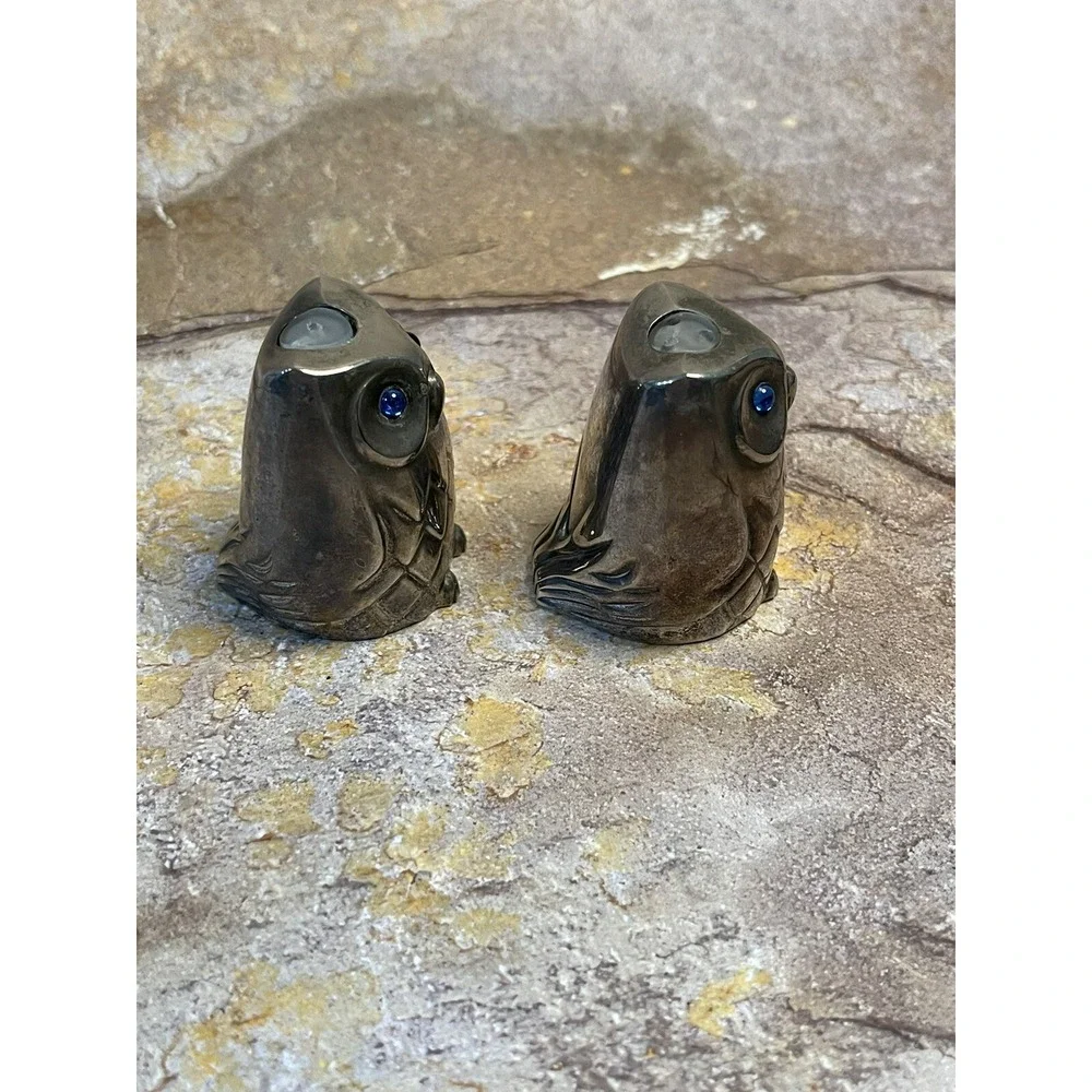 Vintage Owl Salt and Pepper Silver Plated Blue Crystal Eyes